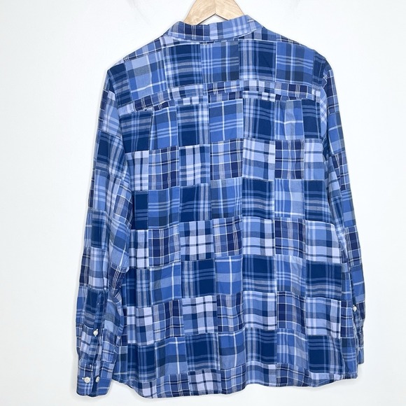 LL Bean Madras Plaid Patchwork Shirt Blue Womens L Fisherman Nautical Preppy - Picture 8 of 8